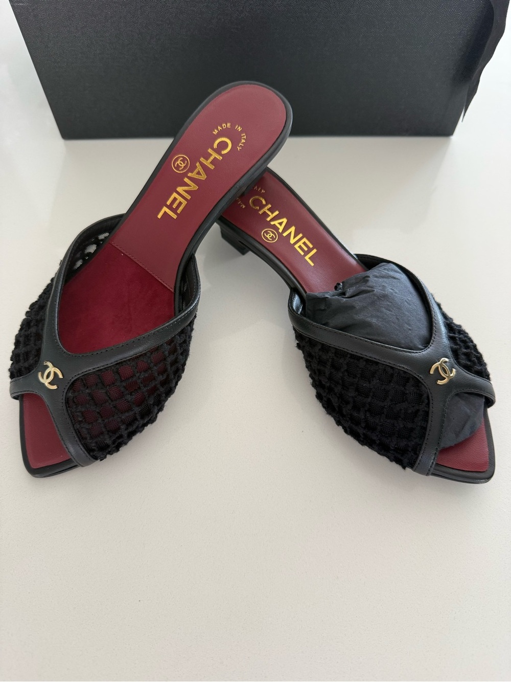 NWB CHANEL Black Mesh & Leather Slide Mules with Gold CC with receipt - Size 36C